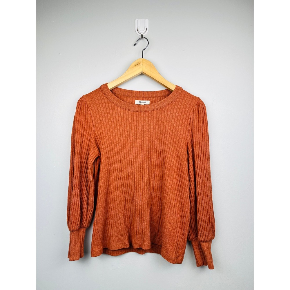 Madewell Ribbed Puff Sleeve Top S Rust Orange Soft Girl Aesthetic Minimalist